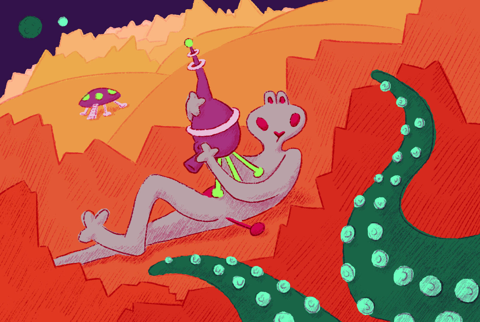 bunny alien postcard illustration